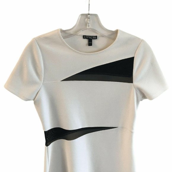 Express Mesh Cut-Out Bodycon Mini Dress 6 Black Ivory Scoop Neck Short Sleeves - Picture 3 of 7
